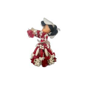 Vintage Safety Pin Doll Red White Beaded Handmade Figurine 4.5” Midcentury